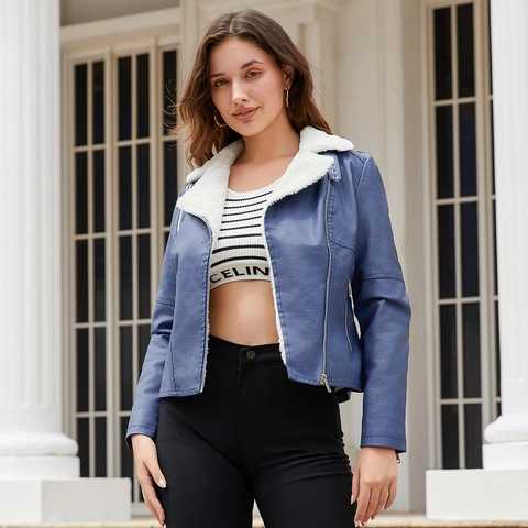 Damen Bikerjacke aus Kunstleder mit Kunstpelzbesatz Revers Schräger Reißverschluss Warmer Wintermantel Mode Langarm Top