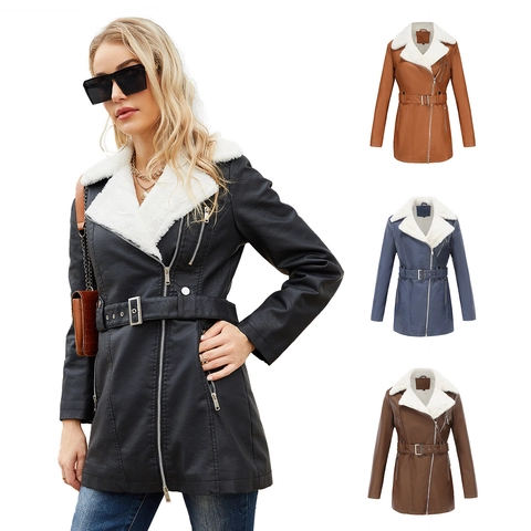 Women's PU Leather Coat With Faux Fur Collar Long Sleeve Fleece Lined Warm Outerwear Double Zipper Belted Fashion Jacket