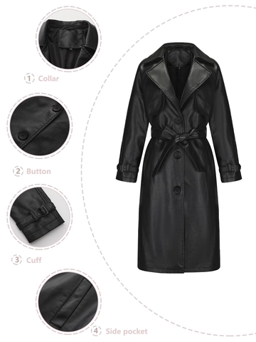 Elegant Women Long PU Leather Trench Coat Oversized Belted Windproof Jacket Lapel Faux Leather Overcoat Outwear Office Autumn
