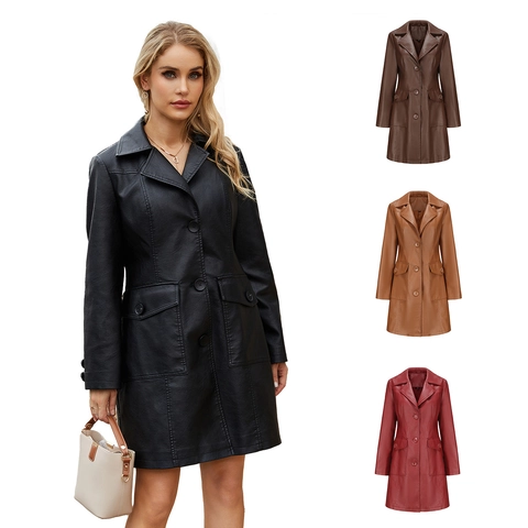 Gabardina Larga de Piel Sintética para Mujer Estilo Británico Elegante Solapa Monobotonadura Chaqueta Cortavientos de Cuero PU