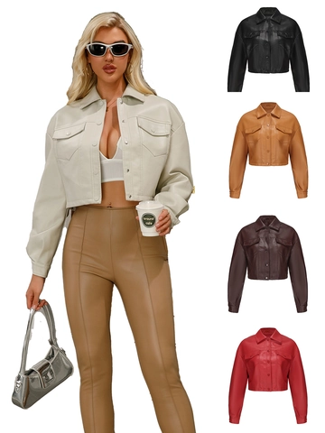 Giacca Corta Casual da Donna in Pelle PU con Colletto a Punta Manica Lunga Cappotto in Ecopelle Monopetto Chic Streetwear