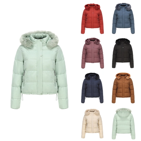 Damen Kurz Wattierte Jacke Mit Kapuze Kunstfellkragen Gesteppt Winter Warm Baumwolle Mantel Winddicht Dick Fleecegefüttert