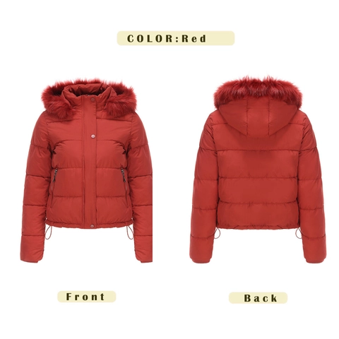 Damen Kurz Wattierte Jacke Mit Kapuze Kunstfellkragen Gesteppt Winter Warm Baumwolle Mantel Winddicht Dick Fleecegefüttert
