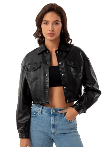 Giacca Corta Casual da Donna in Pelle PU con Colletto a Punta Manica Lunga Cappotto in Ecopelle Monopetto Chic Streetwear