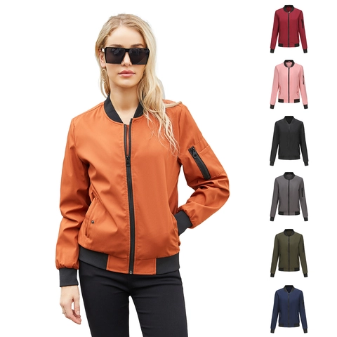 Women's Casual Lightweight Zip Up Bomber Jacket Solid Color Baseball Collar Windproof Long Sleeve Jacket Coat With Pocket