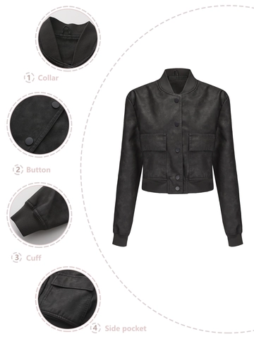 Chaqueta Bomber de Cuero Sintético Oversize para Mujer Corta Cuello Alzado Botones de Presión Puños Acanalados Bolsillos Vintage