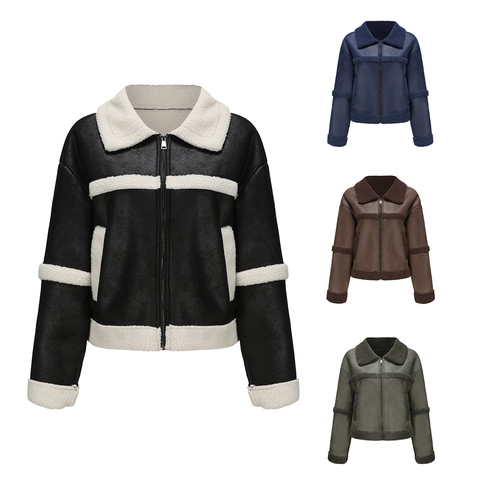 Damen Wildleder Lammfell Moto Jacke Winter Warm Fleece Gefüttert Kunstledermantel Revers Reißverschluss Biker Kurzjacke