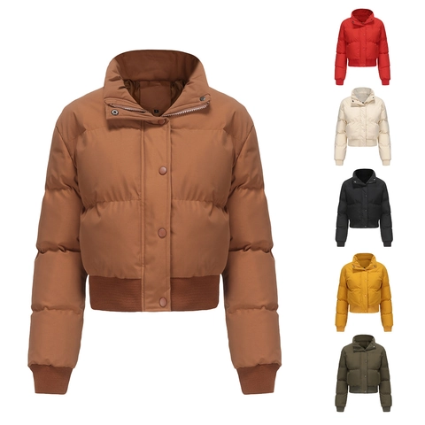 Doudoune Courte Décontractée pour Femmes Manteau Rembourré Chaud Col Montant Coupe Ample Veste Matelassée Couleur Unie Automne Hiver