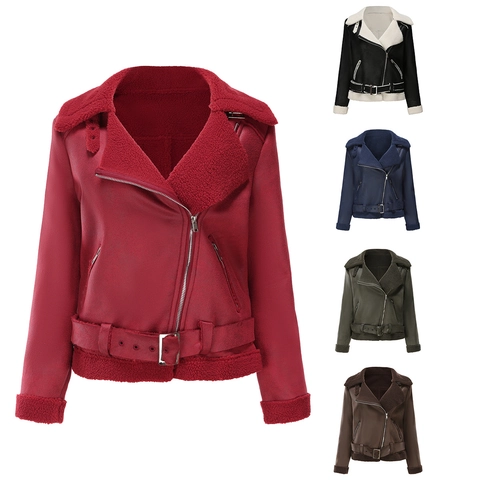 Γυναικείο Faux Suede Shearling Aviator Jacket Ζεστό Μπουφάν Biker Με Ζώνη Πέτο Γιακά Ασύμμετρο Φερμουάρ Χειμερινό Πανωφόρι
