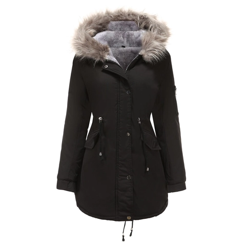 Women Plus Size Winter Parka Coat Thick Fleece Lined Faux Fur Collar Hooded Long Jacket With Drawstring Waist Warm Outwear