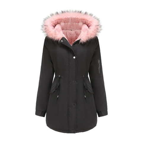 Women Plus Size Winter Parka Coat Thick Fleece Lined Faux Fur Collar Hooded Long Jacket With Drawstring Waist Warm Outwear