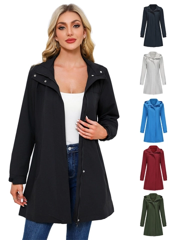 Women's Casual Water Resistant Trench Coat With Removable Hood Solid Color Long Sleeve Loose Windbreaker Jacket Outerwear