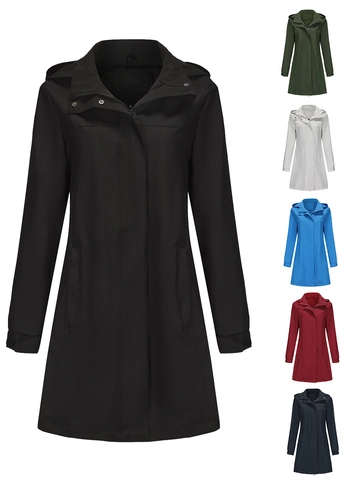Women's Casual Water Resistant Trench Coat With Removable Hood Solid Color Long Sleeve Loose Windbreaker Jacket Outerwear