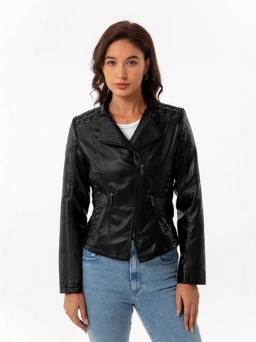 Moda Donna Giacca Biker in Pelle PU Taglio Slim Stile Moto Revers Cerniera Corto Capispalla Con Spalla Trapuntata Per Primavera