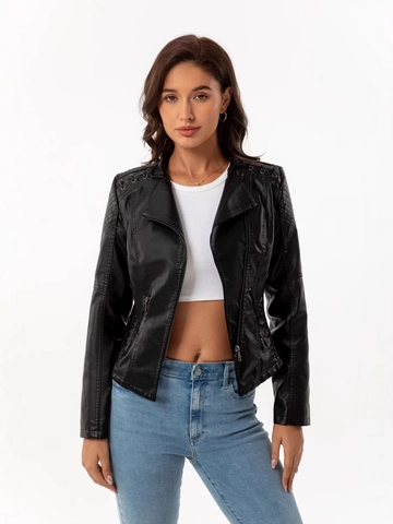 Moda Donna Giacca Biker in Pelle PU Taglio Slim Stile Moto Revers Cerniera Corto Capispalla Con Spalla Trapuntata Per Primavera
