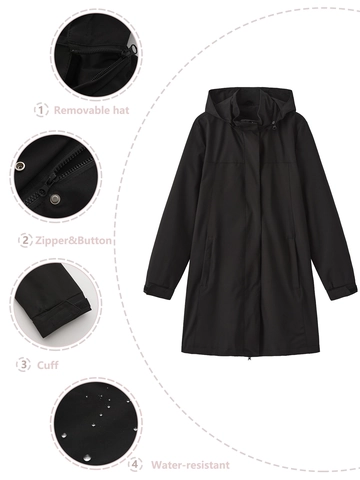 Gabardina Impermeable para Mujer Con Capucha Desmontable de Manga Larga Ajuste Holgado Casual de Exterior Color Sólido Chaqueta Cortavientos