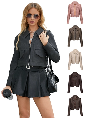 Giacca Casual in Ecopelle da Donna Cropped Revers Cerniera Manica Lunga PU Moto Biker Capispalla Cappotto Con Tasche
