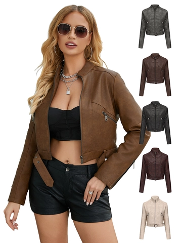 Women Casual Faux Leather Biker Jacket With Belt Long Sleeve Lapel Zipper Moto Coat Fashion Short Outerwear Spring Autumn