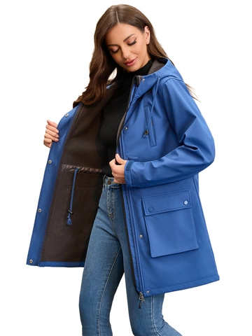 Chaqueta Impermeable con Capucha para Mujer Cortavientos Forro Polar Abrigo de Exterior Largo Medio Color Sólido Bolsillos Puños Ajustables Otoño Invierno