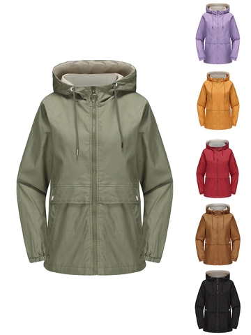 Women's Casual Hooded Windbreaker Jacket Lightweight Solid Color Long Sleeve Zip-Up Polyester Coat With Pockets For Spring Autumn