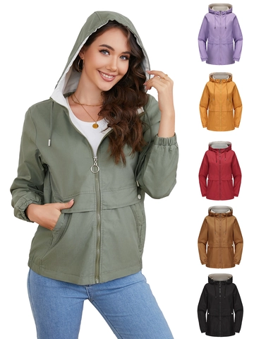 Women's Casual Hooded Windbreaker Jacket Lightweight Solid Color Long Sleeve Zip-Up Polyester Coat With Pockets For Spring Autumn