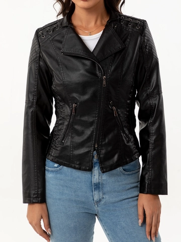 Giacca da Donna in Ecopelle Moto Biker Slim Fit Cerniera Asimmetrica Cappotto Corto Con Dettaglio Trapuntato e Occhielli Metallici