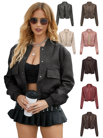 Chaqueta Bomber de Cuero Sintético Oversize para Mujer Corta Cuello Alzado Botones de Presión Puños Acanalados Bolsillos Vintage