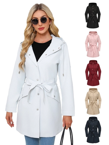 Chaqueta Cortavientos con Capucha para Mujer Impermeable Gabardina Media Con Cinturón Color Sólido Chubasquero Casual