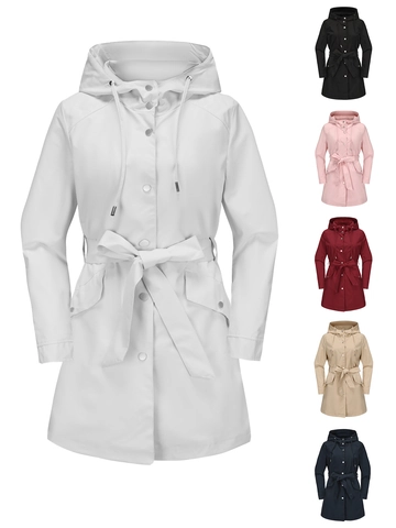 Chaqueta Cortavientos con Capucha para Mujer Impermeable Gabardina Media Con Cinturón Color Sólido Chubasquero Casual