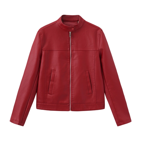 Women Stand Collar PU Leather Moto Jacket Zipper Closure Casual Biker Outerwear Coat Solid Color Streetwear Fall Winter