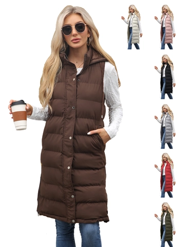 Women Long Hooded Puffer Vest Sleeveless Quilted Winter Jacket With Pockets Solid Color Casual Warm Waistcoat Outerwear