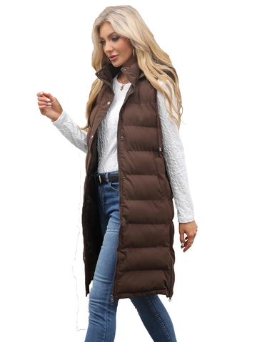 Women Long Hooded Puffer Vest Sleeveless Quilted Winter Jacket With Pockets Solid Color Casual Warm Waistcoat Outerwear