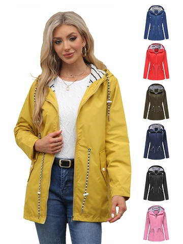 Women's Lightweight Hooded Raincoat Waterproof Windbreaker Mid-length Trench Coat With Striped Lining Drawstring Waist Plus Size Outdoor Rain Jacket