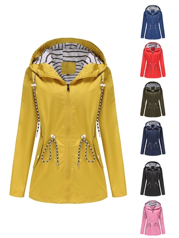 Women's Lightweight Hooded Raincoat Waterproof Windbreaker Mid-length Trench Coat With Striped Lining Drawstring Waist Plus Size Outdoor Rain Jacket