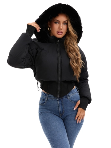 Women Casual Hooded Puffer Jacket With Faux Fur Collar Thick Warm Winter Short Padded Coat Ribbed Cuffs Drawstring Hem