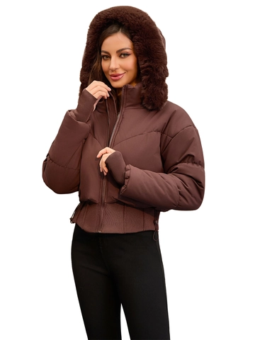 Women Casual Hooded Puffer Jacket With Faux Fur Collar Thick Warm Winter Short Padded Coat Ribbed Cuffs Drawstring Hem