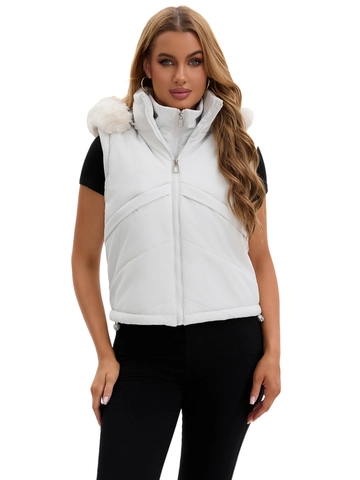 Damen 2-in-1 Wattierte Jacke Mit Abnehmbaren Ärmeln Kunstpelzkragen Fleece Gefütterte Warme Winter Konvertierbare Weste Mantel