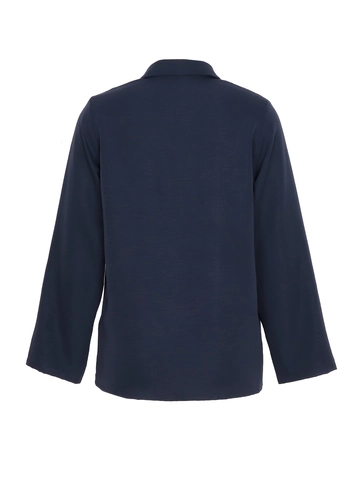Women's Casual Long Sleeve Shirt Loose French Style Turn-Down Collar Single Breasted Navy Blue Blouse With Chest Pocket