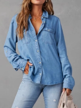 Chemise en Denim de Viscose Décontractée pour Femmes Manches Longues Blouse Boutonnée Couleur Unie Haut Streetwear Avec Poches Poitrine