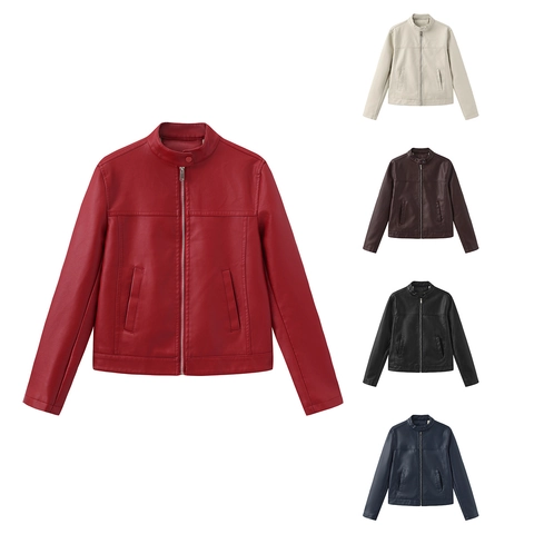Women Stand Collar PU Leather Moto Jacket Zipper Closure Casual Biker Outerwear Coat Solid Color Streetwear Fall Winter