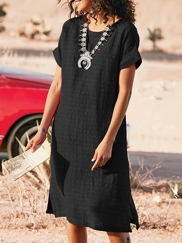 Vestido Midi Casual Bohemio para Mujer Color Negro Sólido Manga Corta Cuello Redondo Abertura Lateral Vestido T-Shirt Recto