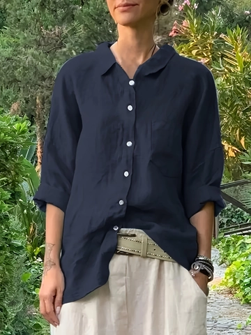Women's Casual Long Sleeve Shirt Loose French Style Turn-Down Collar Single Breasted Navy Blue Blouse With Chest Pocket