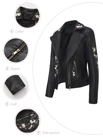 Veste Motard en Simili Cuir PU à Broderie Florale pour Femme Coupe Ajustée Col à Revers Fermeture Éclair Diagonale Manteau d'Automne