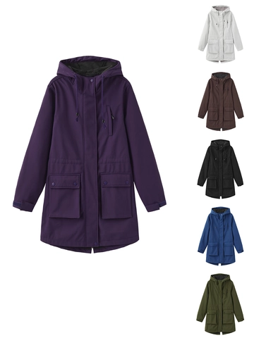 Chaqueta Impermeable con Capucha para Mujer Cortavientos Forro Polar Abrigo de Exterior Largo Medio Color Sólido Bolsillos Puños Ajustables Otoño Invierno