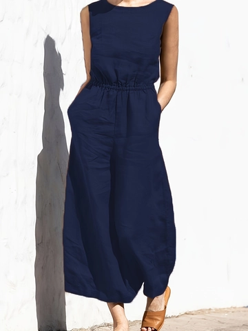 Women Casual Sleeveless Jumpsuit Solid Color Round Neck Wide Leg Cinched Waist Romper With Pockets Back Zipper Navy Blue