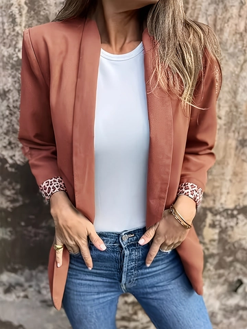 Damen Casual Blazer Jacke Ziegelrot Leopardenmuster Aufschläge Offene Vorderseite Revers Langarm Dünne Oberbekleidung Mode Anzug