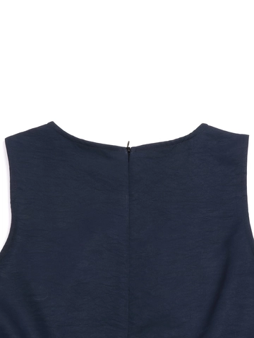 Women Casual Sleeveless Jumpsuit Solid Color Round Neck Wide Leg Cinched Waist Romper With Pockets Back Zipper Navy Blue