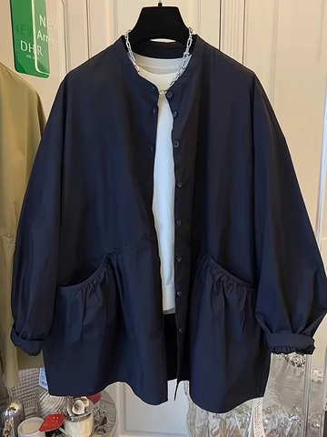 Veste Coupe-vent Décontractée Mi-longue pour Femme Col Officier Manche Lanterne Poche Plissée Manteau Léger Boutonné