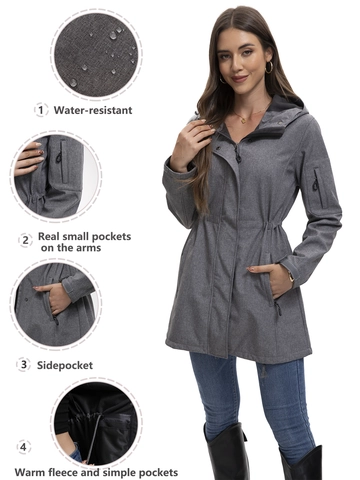 Veste Softshell d'Extérieur pour Femmes Parka à Capuche Doublée en Polaire Imperméable Coupe-vent Cordon de Serrage Multi-Poches