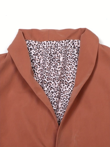 Damen Casual Blazer Jacke Ziegelrot Leopardenmuster Aufschläge Offene Vorderseite Revers Langarm Dünne Oberbekleidung Mode Anzug